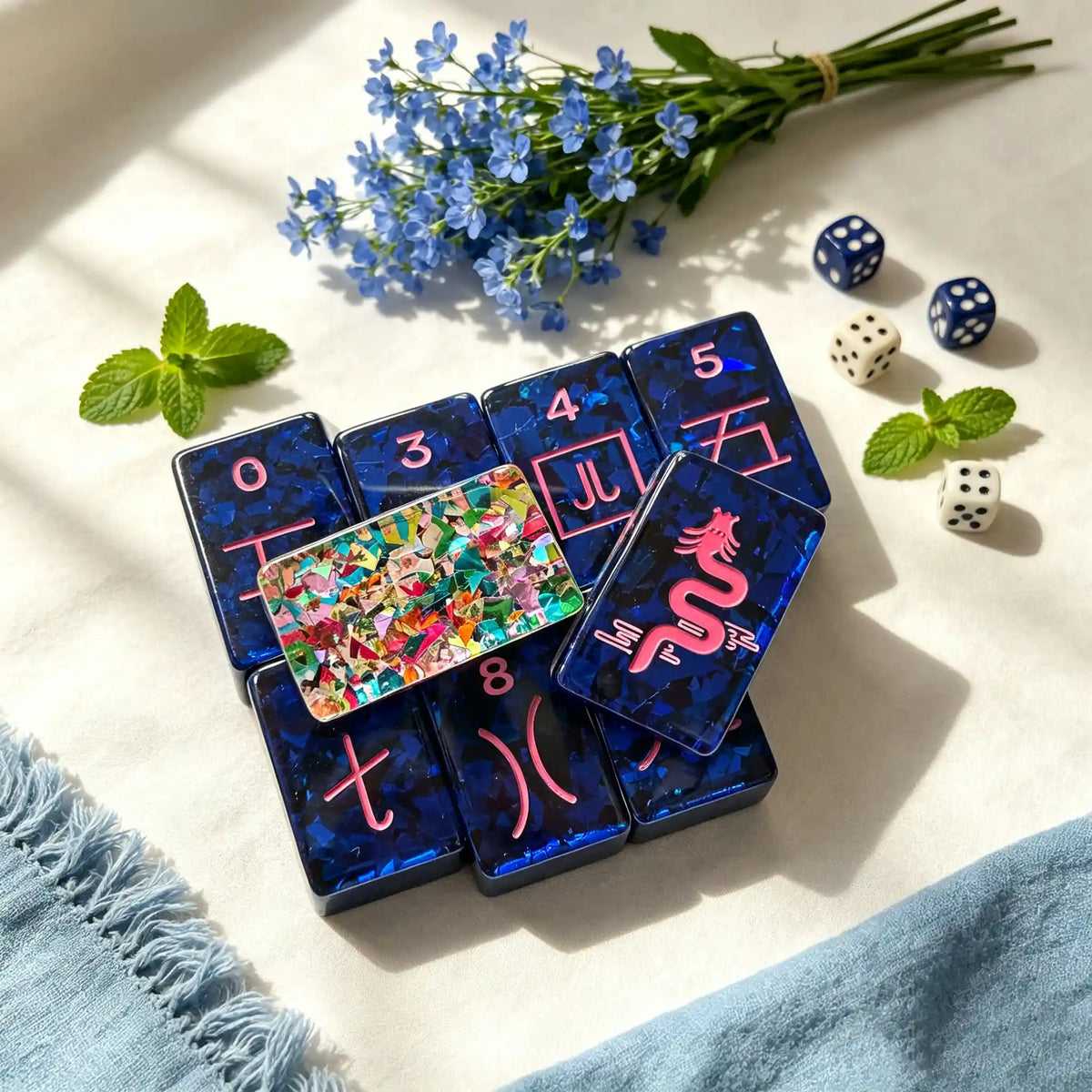 Mahjong Set, Travel & Standard Size, Artistic Blue Confetti Mahjong Tile Set for Home Game Night, Travel Game, Birthday or Christmas Gift