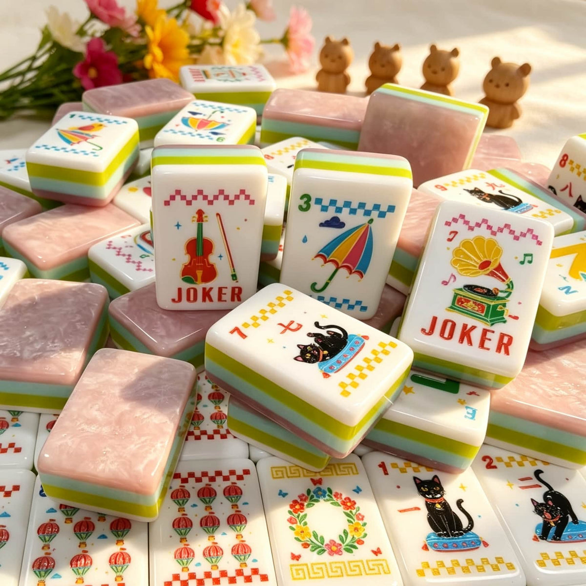 Mahjong Set, Pink Cat Illustration Tile Set for Game Night, Mahjong Gift for Women, Birthday and Christmas, Hanukkah Mahjong Gift