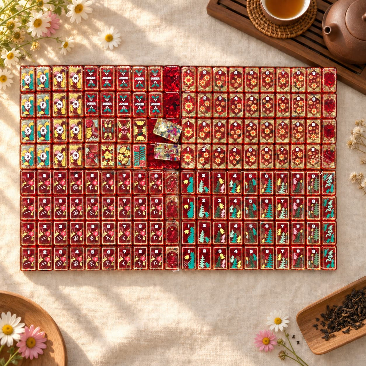 Travel Mahjong Set, Colorful Red-Framed Plastic American Mahjong Tiles for Family Game Night, Birthday or Christmas Gift for