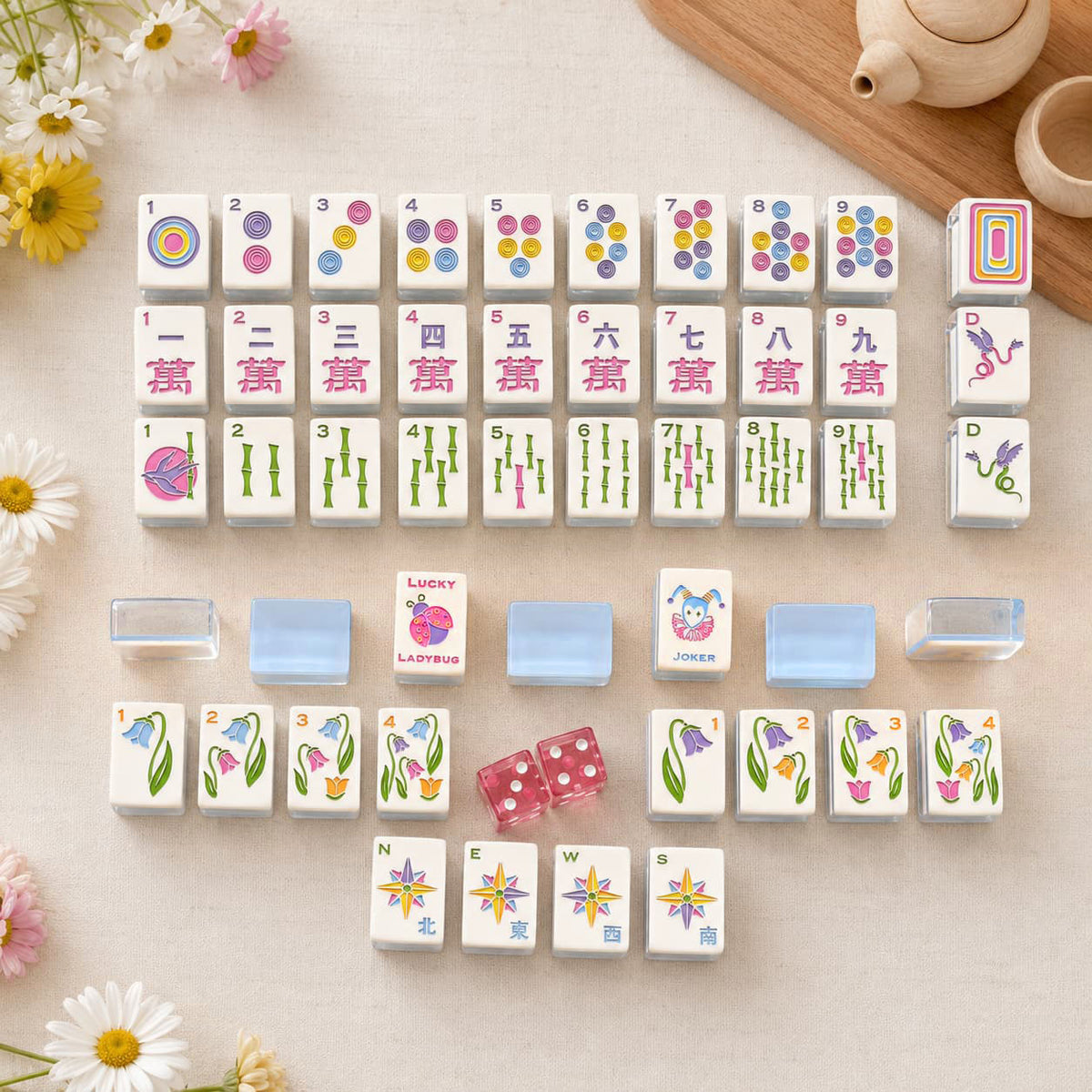 Mahjong Game Set Modern Mahjong Set, Mahjong Set, Light Blue Acrylic Tile Game with Floral Ladybug Design, Modern Home Mahjong Game and Gift