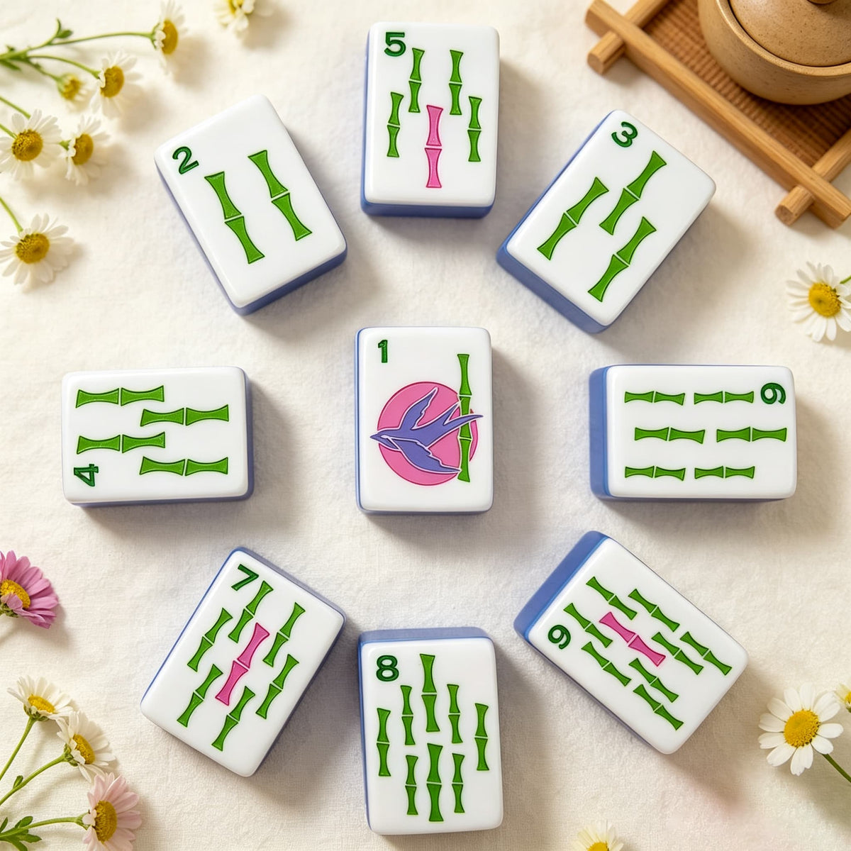 Mahjong Game Set Modern Mahjong Set, Mahjong Set, Light Blue Acrylic Tile Game with Floral Ladybug Design, Modern Home Mahjong Game and Gift