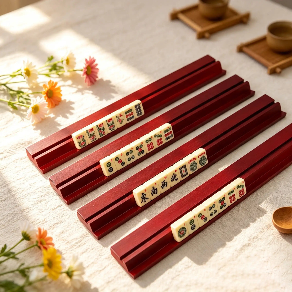 Mahjong Rack Set with Wooden Pushers, Colorful Tile Organizer for Mahjong Game Night, Christmas Gift for Mom