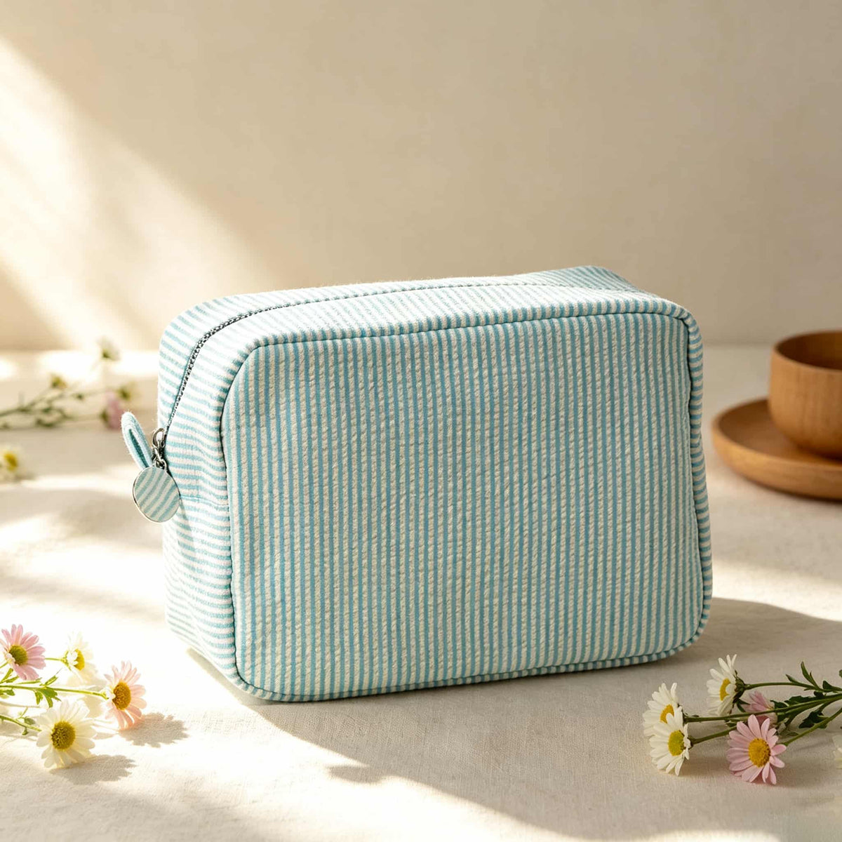 Mahjong Bag, Embroidered Light Green Striped Fabric Tile Pouch for Travel and Game Night, Birthday or Christmas Gift for Mahjong Player