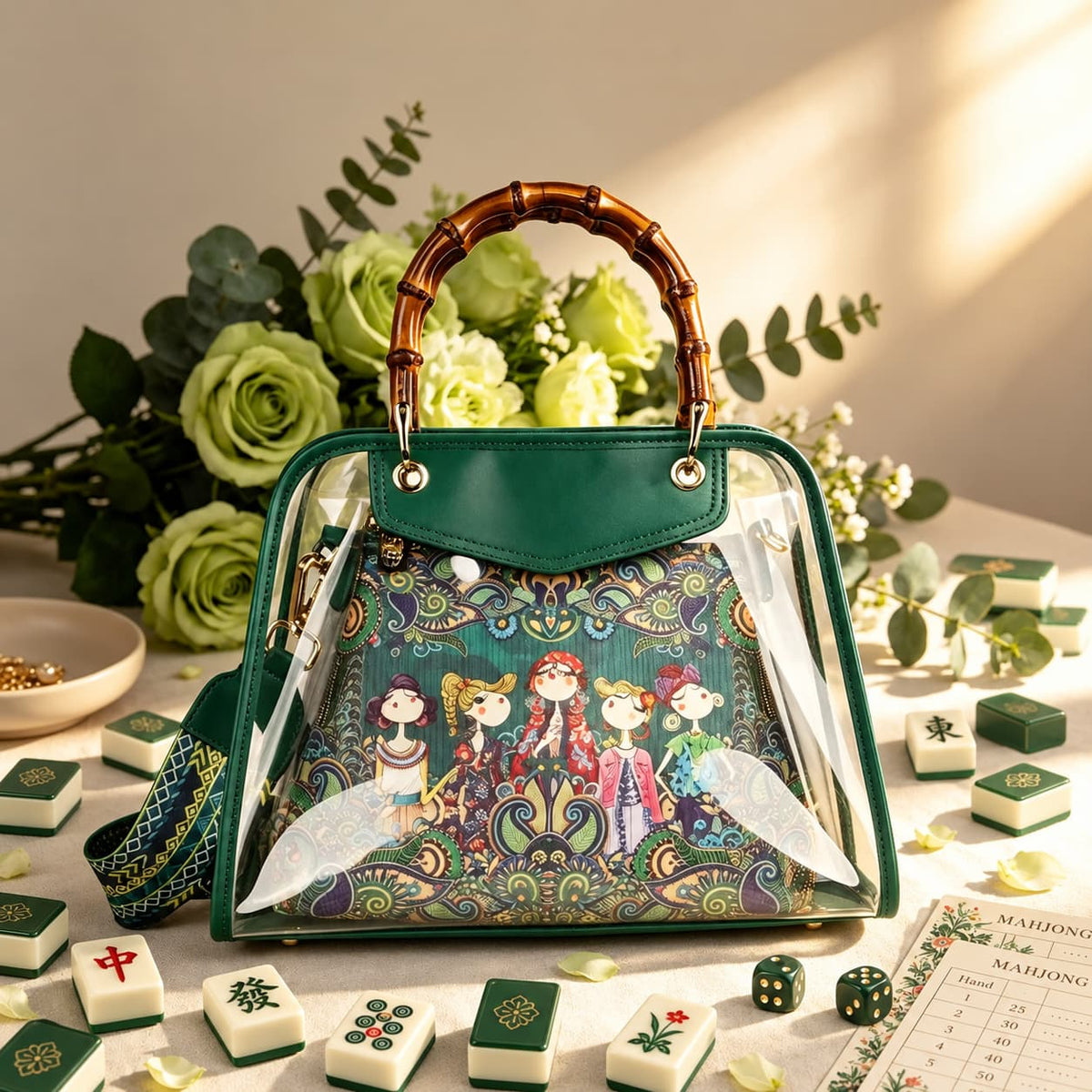 Bag, Storage Bag, Mahjong Storage Set, Green Clear Jelly Tote for Game Night, Birthday and Christmas Gift for Mahjong Player