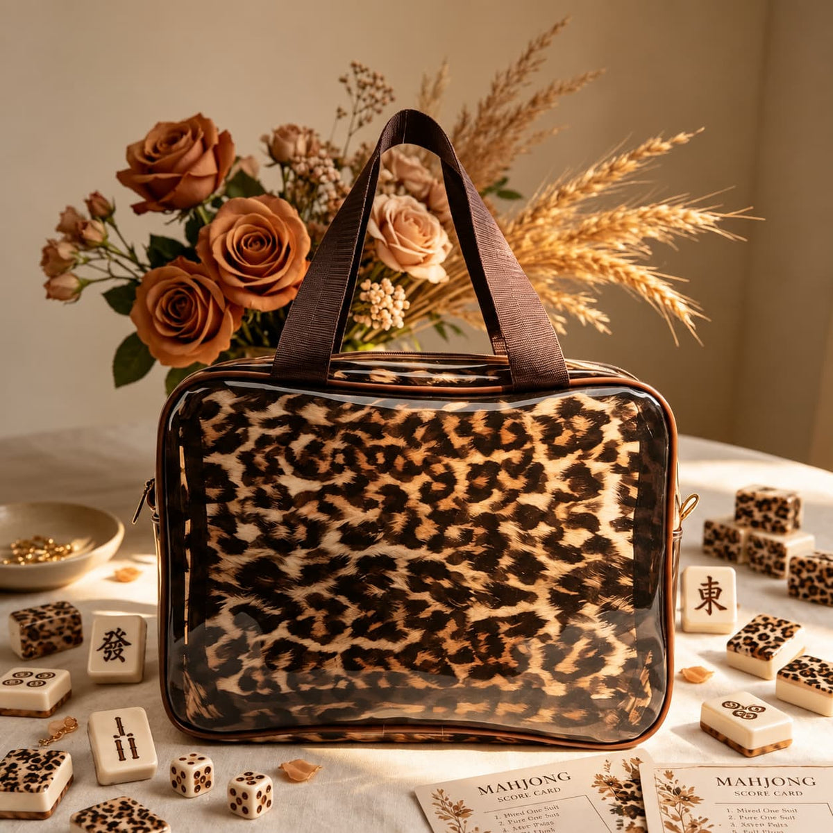 Bag, Storage Bag, Mahjong Storage, Brown Leopard Print Jelly Tote for Game Night, Birthday or Mother's Day Gift for Mahjong Player