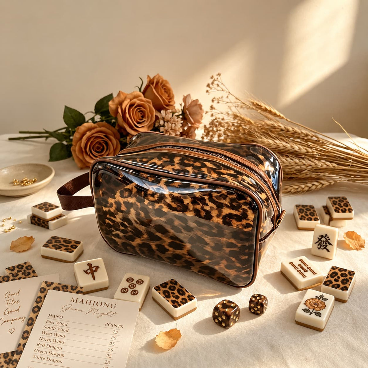 Bag, Storage Bag, Mahjong Storage, Brown Leopard Print Jelly Tote for Game Night, Birthday or Mother's Day Gift for Mahjong Player