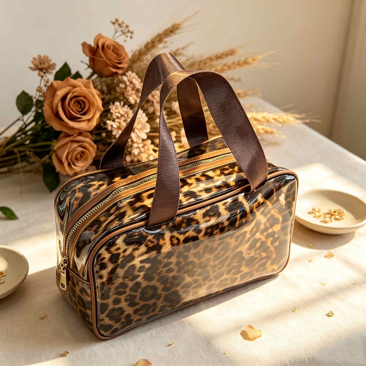 Bag, Storage Bag, Mahjong Storage, Brown Leopard Print Jelly Tote for Game Night, Birthday or Mother's Day Gift for Mahjong Player