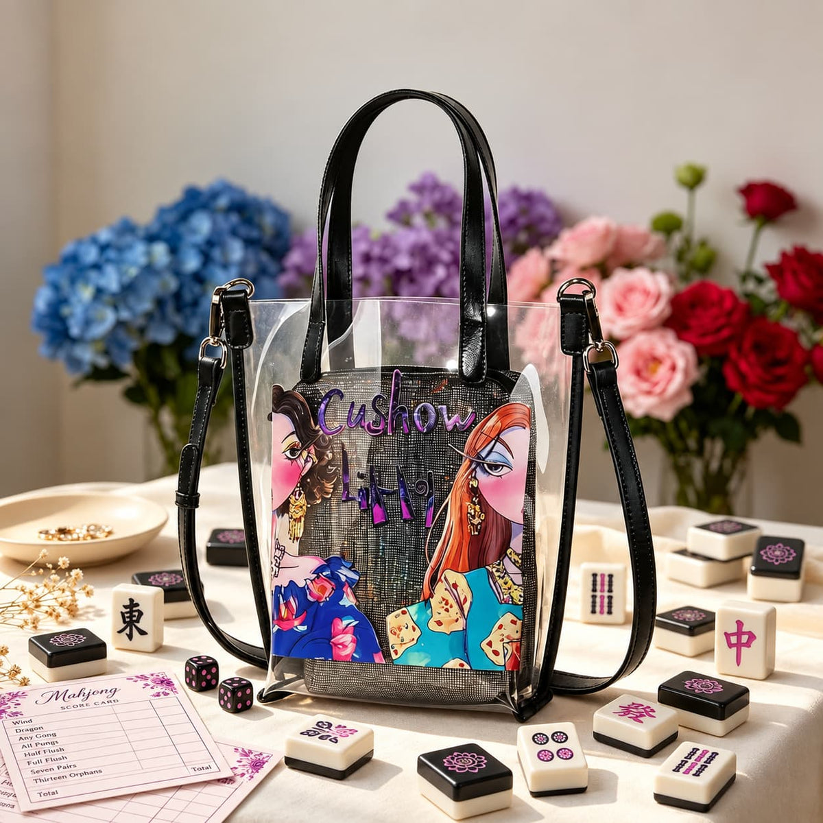 Bag Set, Storage Bag, Mahjong Storage, Clear PVC Jelly Tote for Game Night, Birthday or Christmas Gift for Women, Mahjong Birthday Gift