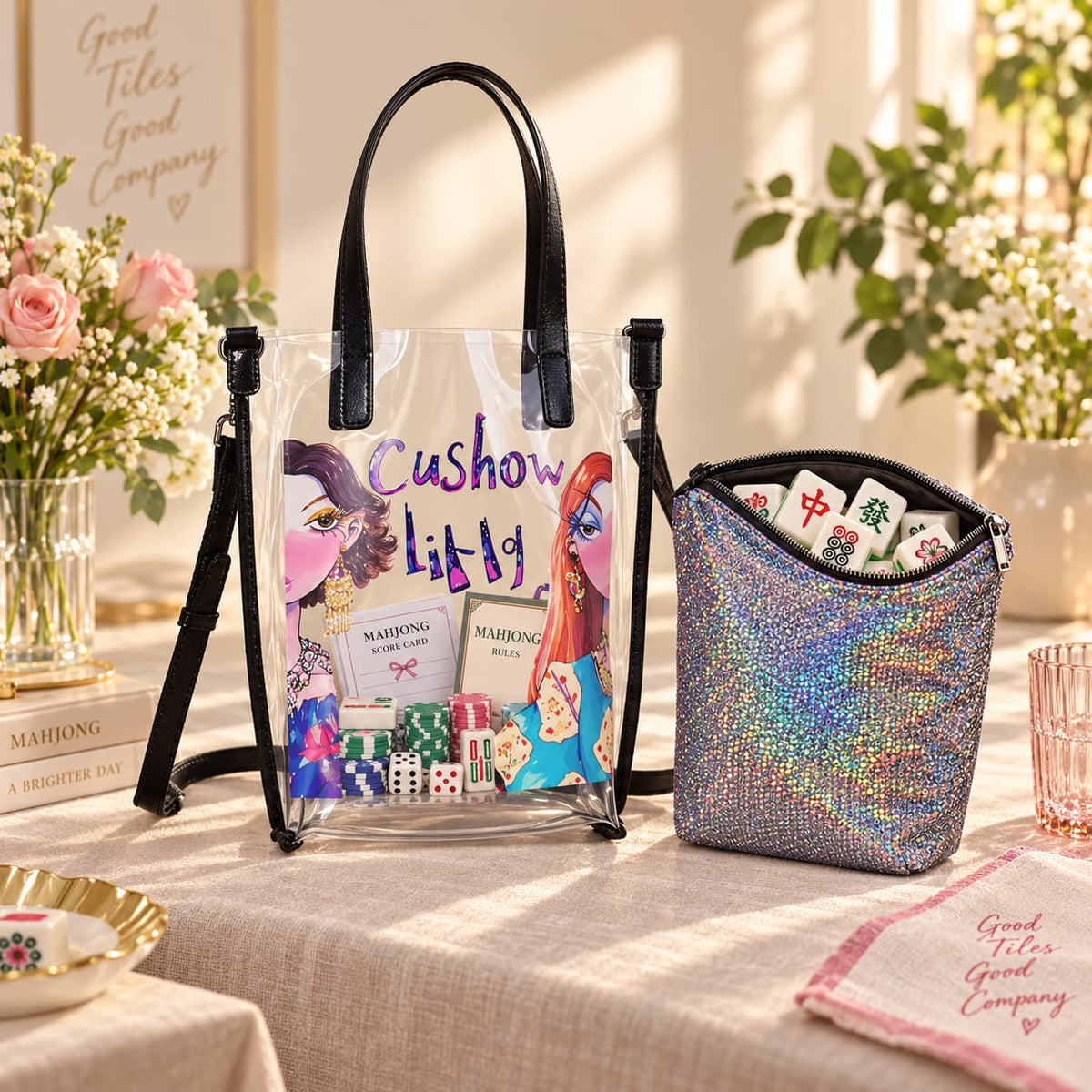 Bag Set, Storage Bag, Mahjong Storage, Clear PVC Jelly Tote for Game Night, Birthday or Christmas Gift for Women, Mahjong Birthday Gift
