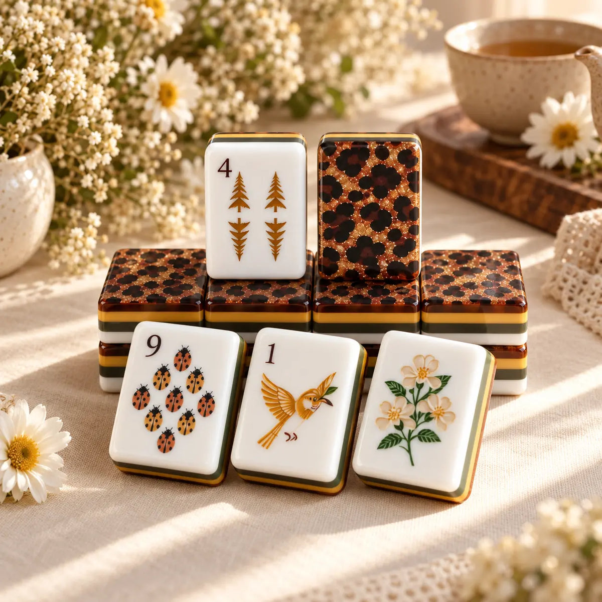 Mahjong Set, Mahjong Tiles, American with Brown Leopard Print Resin Tiles, Vintage Style Game for Club Play, Birthday, For Mahjong Club Play