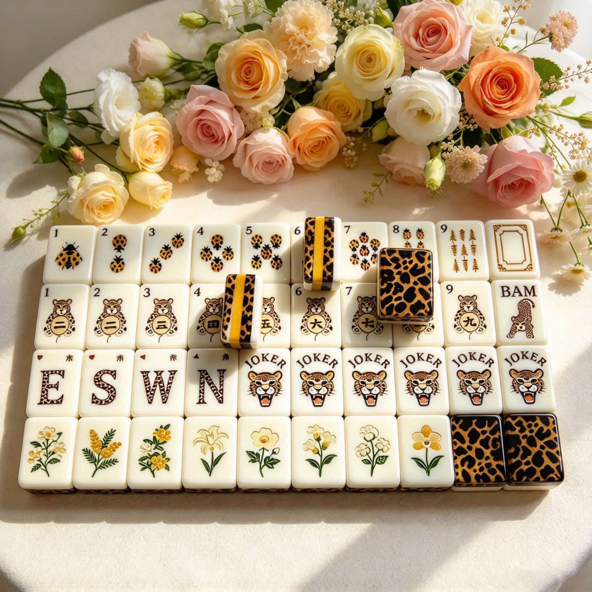Mahjong Set, Mahjong Tiles, American with Brown Leopard Print Resin Tiles, Vintage Style Game for Club Play, Birthday, For Mahjong Club Play