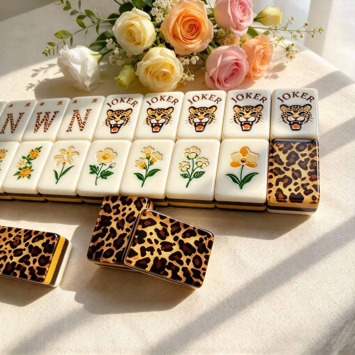 Mahjong Set, Mahjong Tiles, American with Brown Leopard Print Resin Tiles, Vintage Style Game for Club Play, Birthday, For Mahjong Club Play