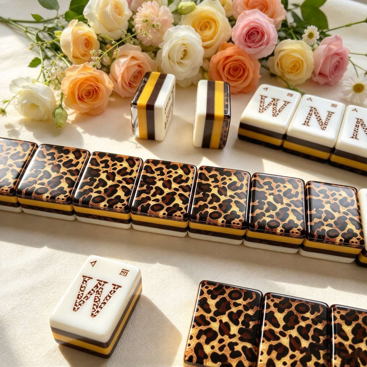 Mahjong Set, Mahjong Tiles, American with Brown Leopard Print Resin Tiles, Vintage Style Game for Club Play, Birthday, For Mahjong Club Play