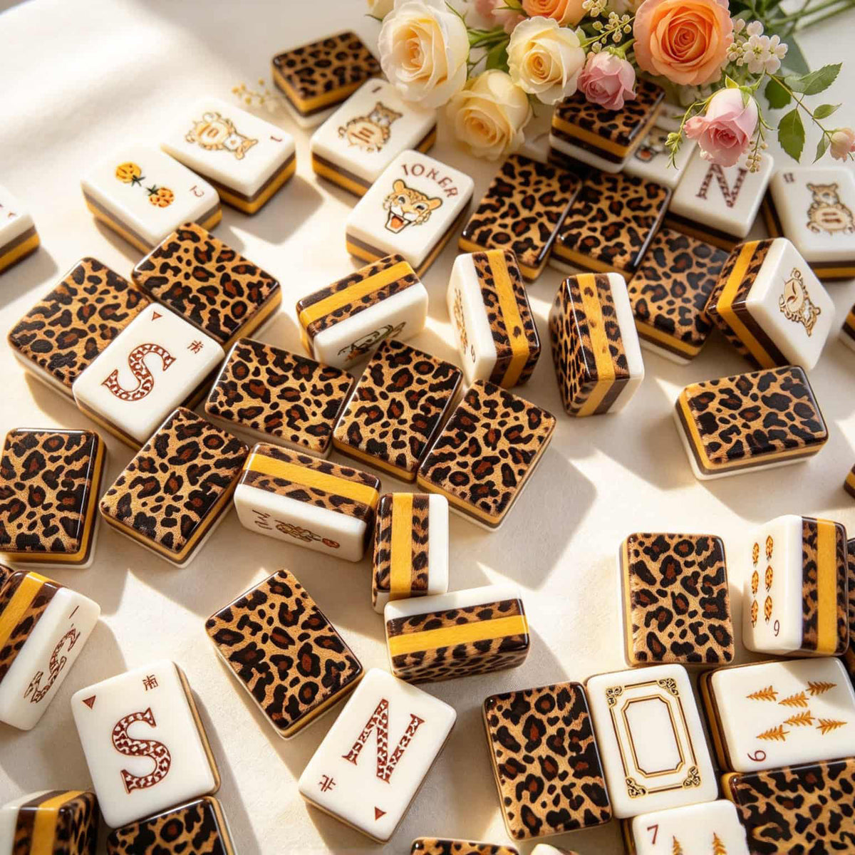 Mahjong Set, Mahjong Tiles, American with Brown Leopard Print Resin Tiles, Vintage Style Game for Club Play, Birthday, For Mahjong Club Play