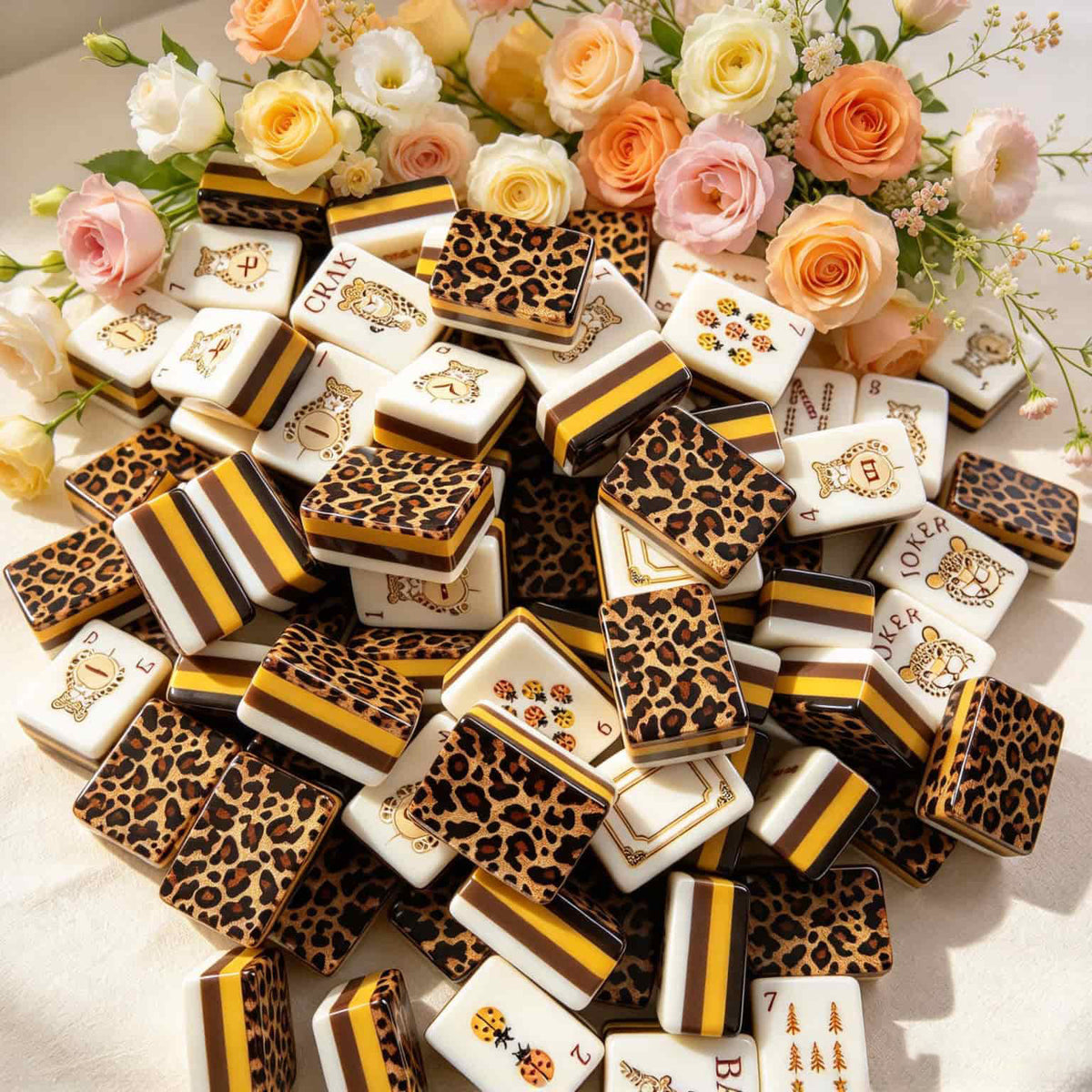 Mahjong Set, Mahjong Tiles, American with Brown Leopard Print Resin Tiles, Vintage Style Game for Club Play, Birthday, For Mahjong Club Play
