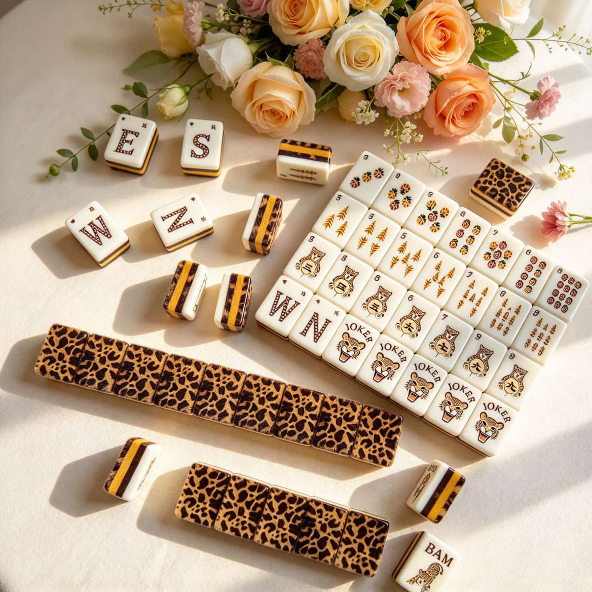 Mahjong Set, Mahjong Tiles, American with Brown Leopard Print Resin Tiles, Vintage Style Game for Club Play, Birthday, For Mahjong Club Play