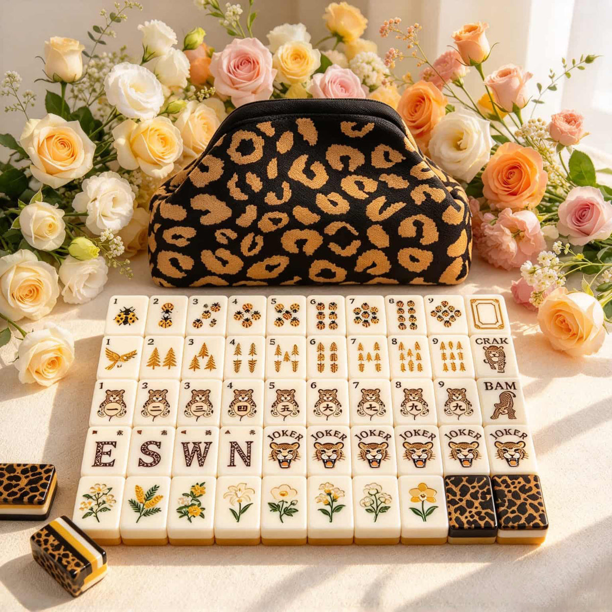 Mahjong Set, Mahjong Tiles, American with Brown Leopard Print Resin Tiles, Vintage Style Game for Club Play, Birthday, For Mahjong Club Play