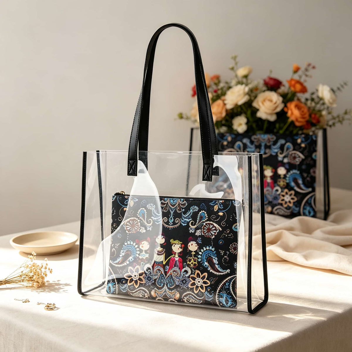 Handbag, Two-Piece Set, Mahjong Storage Set, Black Transparent Jelly Game Night Bag, Birthday or Christmas Gift for Mahjong Player
