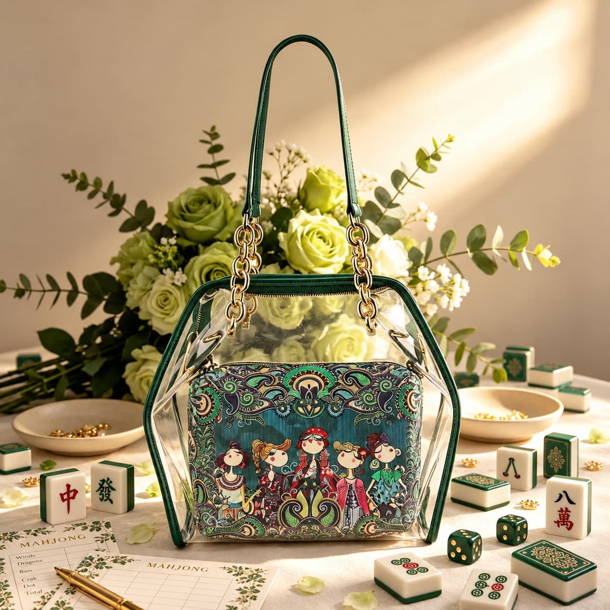 Mahjong Storage Bag, Green Transparent Jelly Shoulder Handbag for Game Night, Birthday or Christmas Gift for Mahjong Player