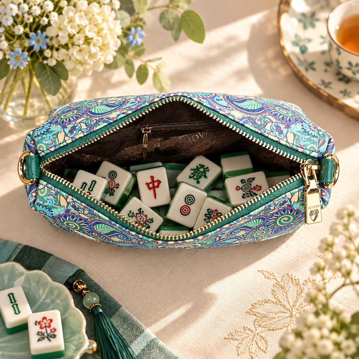 Mahjong Storage Bag, Green Transparent Jelly Shoulder Handbag for Game Night, Birthday or Christmas Gift for Mahjong Player