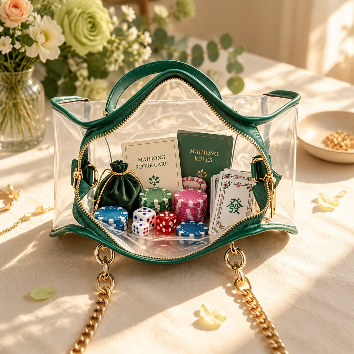 Mahjong Storage Bag, Green Transparent Jelly Shoulder Handbag for Game Night, Birthday or Christmas Gift for Mahjong Player