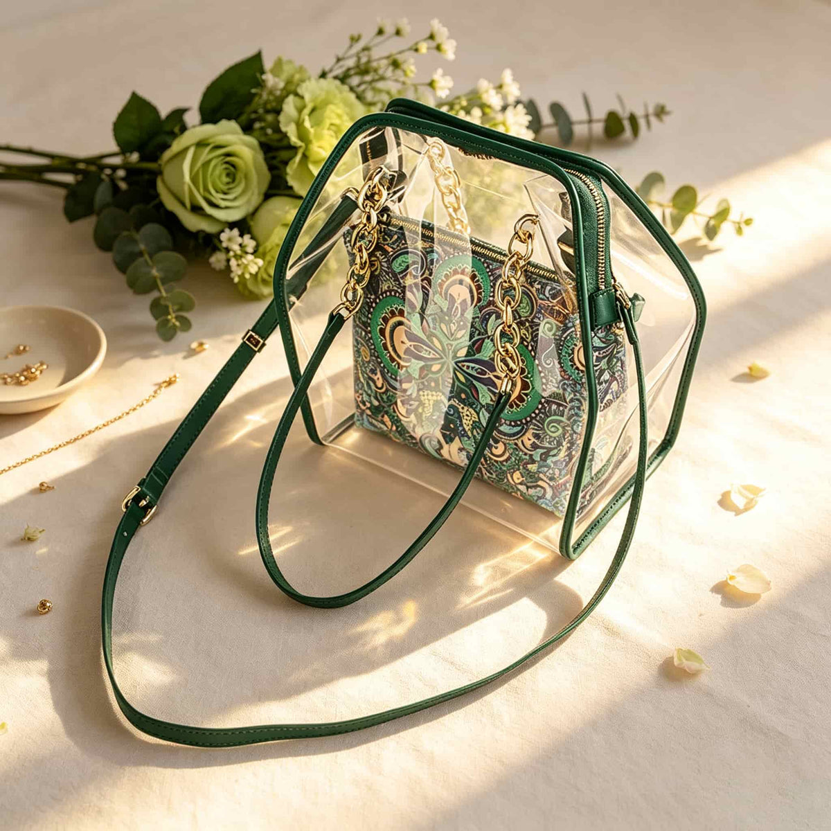 Mahjong Storage Bag, Green Transparent Jelly Shoulder Handbag for Game Night, Birthday or Christmas Gift for Mahjong Player