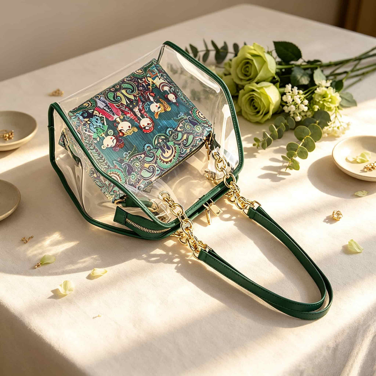 Mahjong Storage Bag, Green Transparent Jelly Shoulder Handbag for Game Night, Birthday or Christmas Gift for Mahjong Player