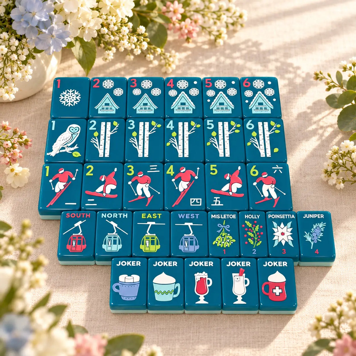 American Mahjong Set, American, 160 Teal Acrylic Ski and Winter Tiles, Christmas or Birthday Gift for Mom, Home Game Night