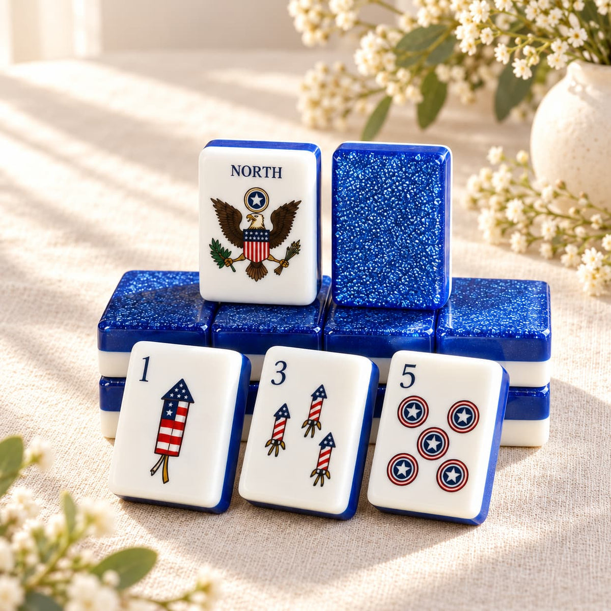Mahjong Set, Blue Shimmer Acrylic American Tile Set for Family Game Night, Birthday Gift for Mom, Christmas Mahjong Gift