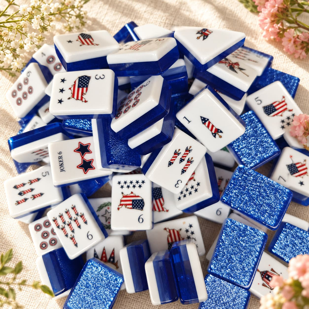 Mahjong Set, Blue Shimmer Acrylic American Tile Set for Family Game Night, Birthday Gift for Mom, Christmas Mahjong Gift