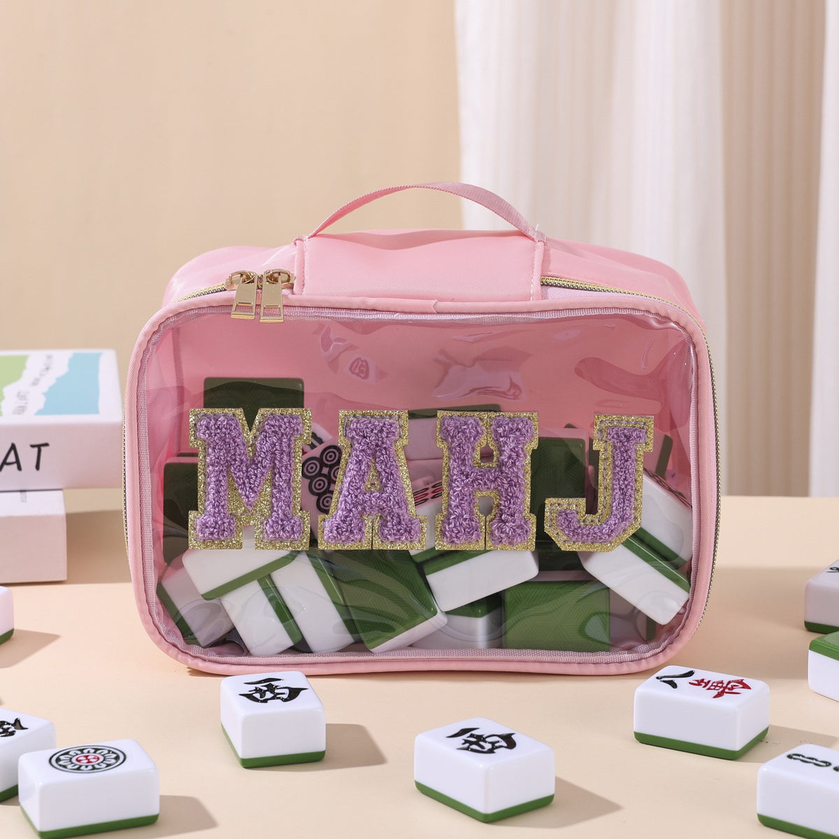 Mahjong Bag, Mahjong Storage Bag, Pink TPU Jelly-Style Handbag for Women, Game Night Birthday and Christmas Gift, Transparent Jelly Bag