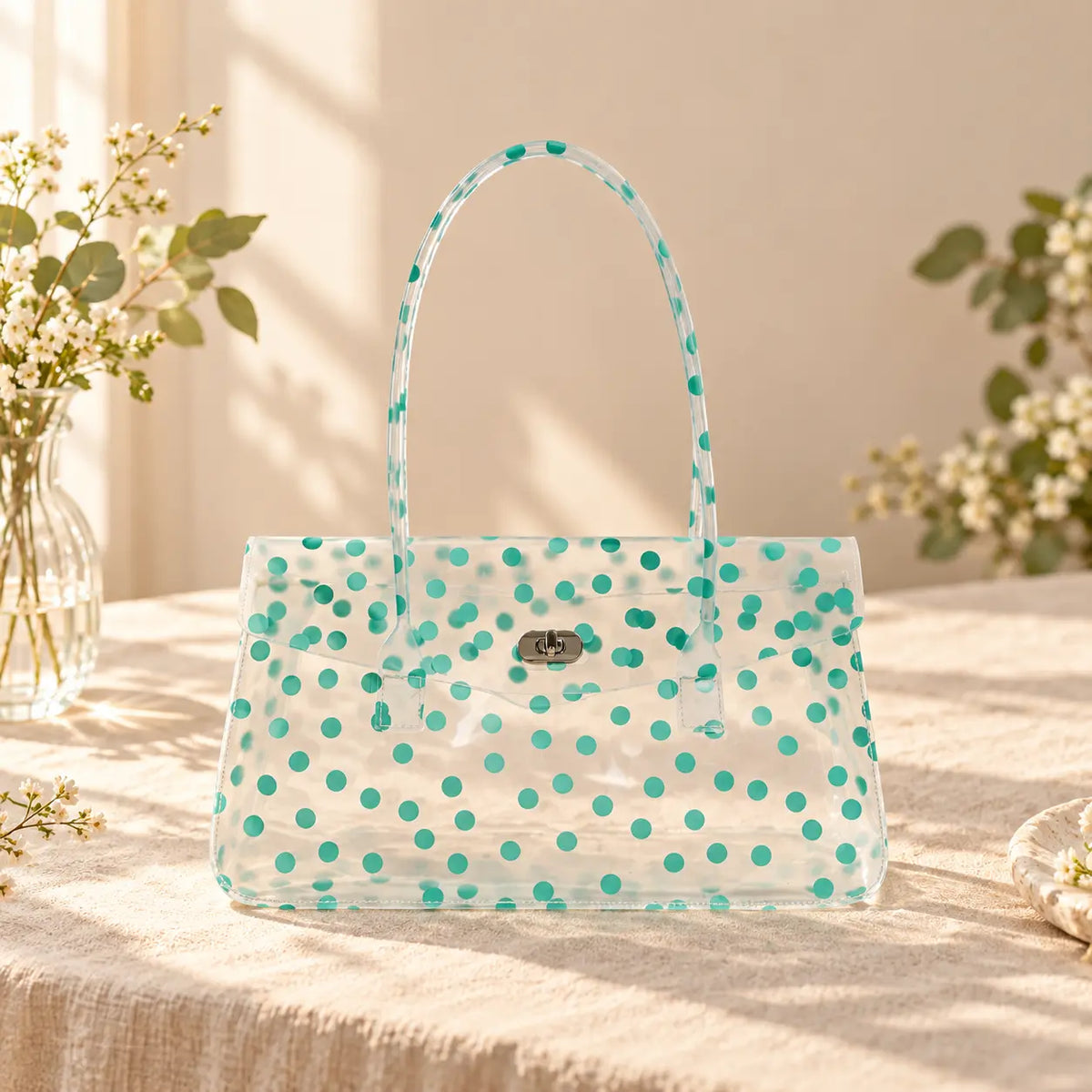 Mahjong Bag, Olive Green Polka Dot Plastic Storage Handbag for Game Night, Birthday and Christmas Gift, Mahjong Accessory Bag