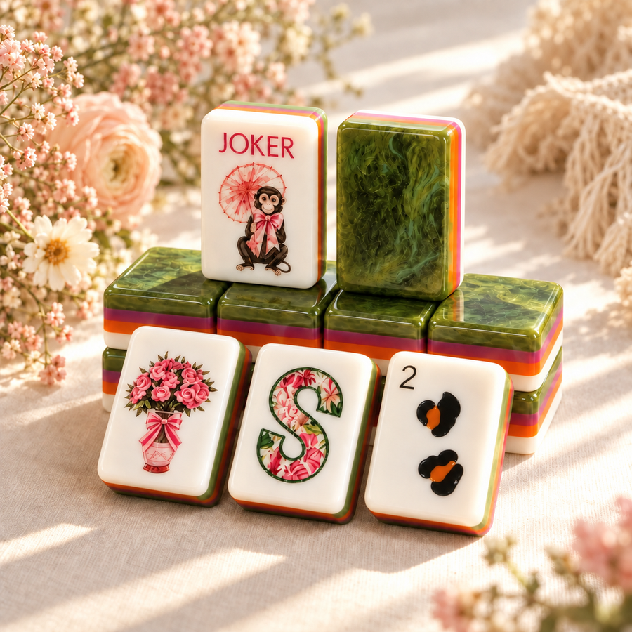 American Acrylic Mahjong Tiles, Mahjong Set, White Animal Theme with Green Patterned Backs, Birthday Mahjong, Gift For Mahjong Lover