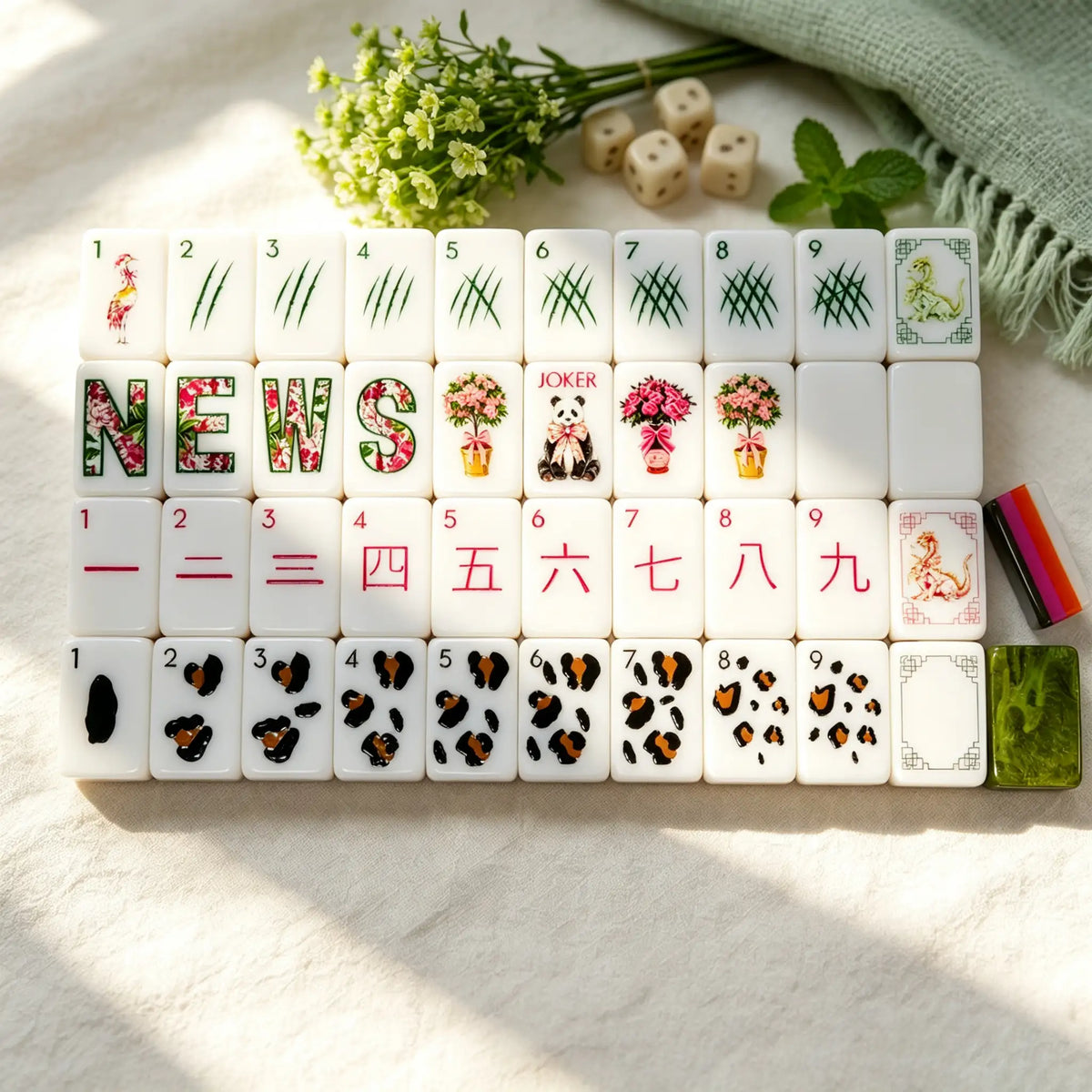 American Acrylic Mahjong Tiles, Mahjong Set, White Animal Theme with Green Patterned Backs, Birthday Mahjong, Gift For Mahjong Lover