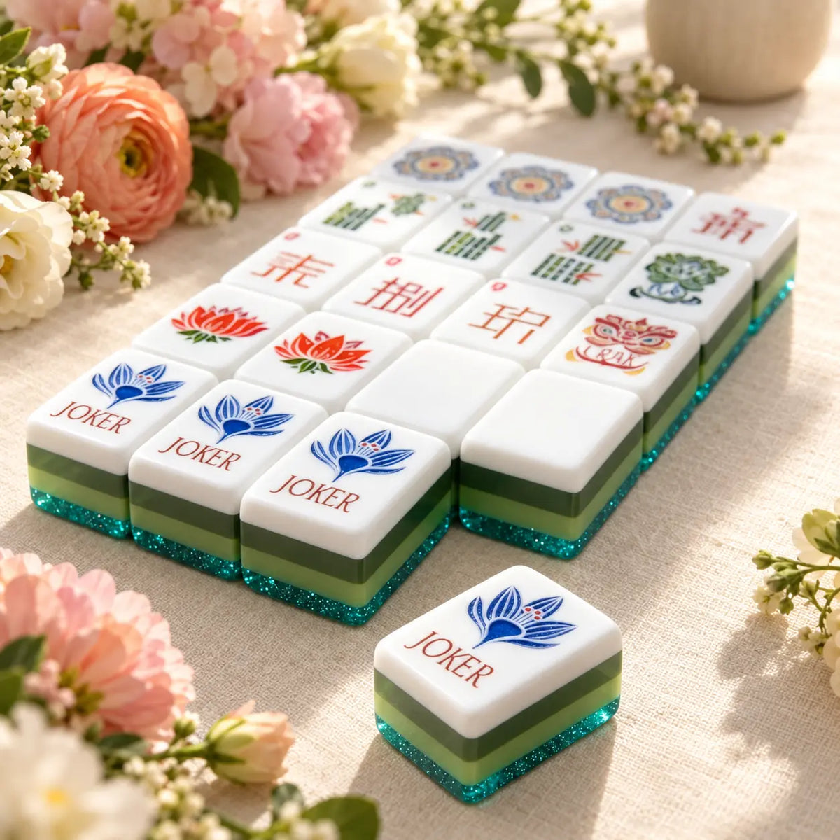 American Mahjong Set, 160 Green 4-Layer Acrylic Sand Flow Effect Mahjong Tiles, Christmas Gift for Mom, Perfect for Family Game Night