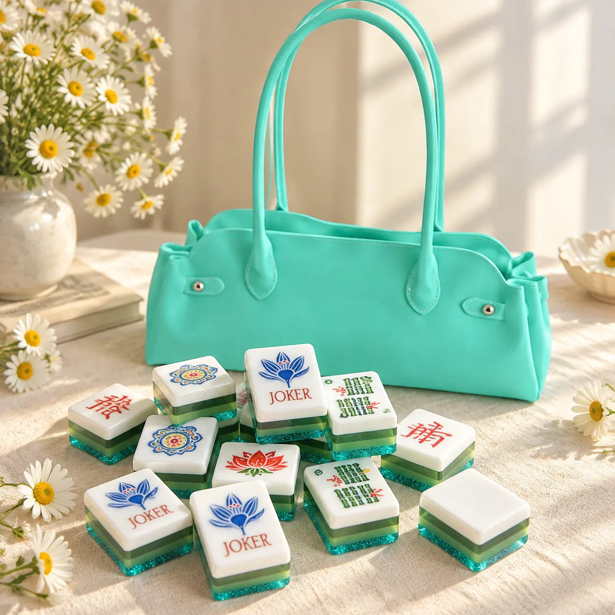 American Mahjong Set, 160 Green 4-Layer Acrylic Sand Flow Effect Mahjong Tiles, Christmas Gift for Mom, Perfect for Family Game Night