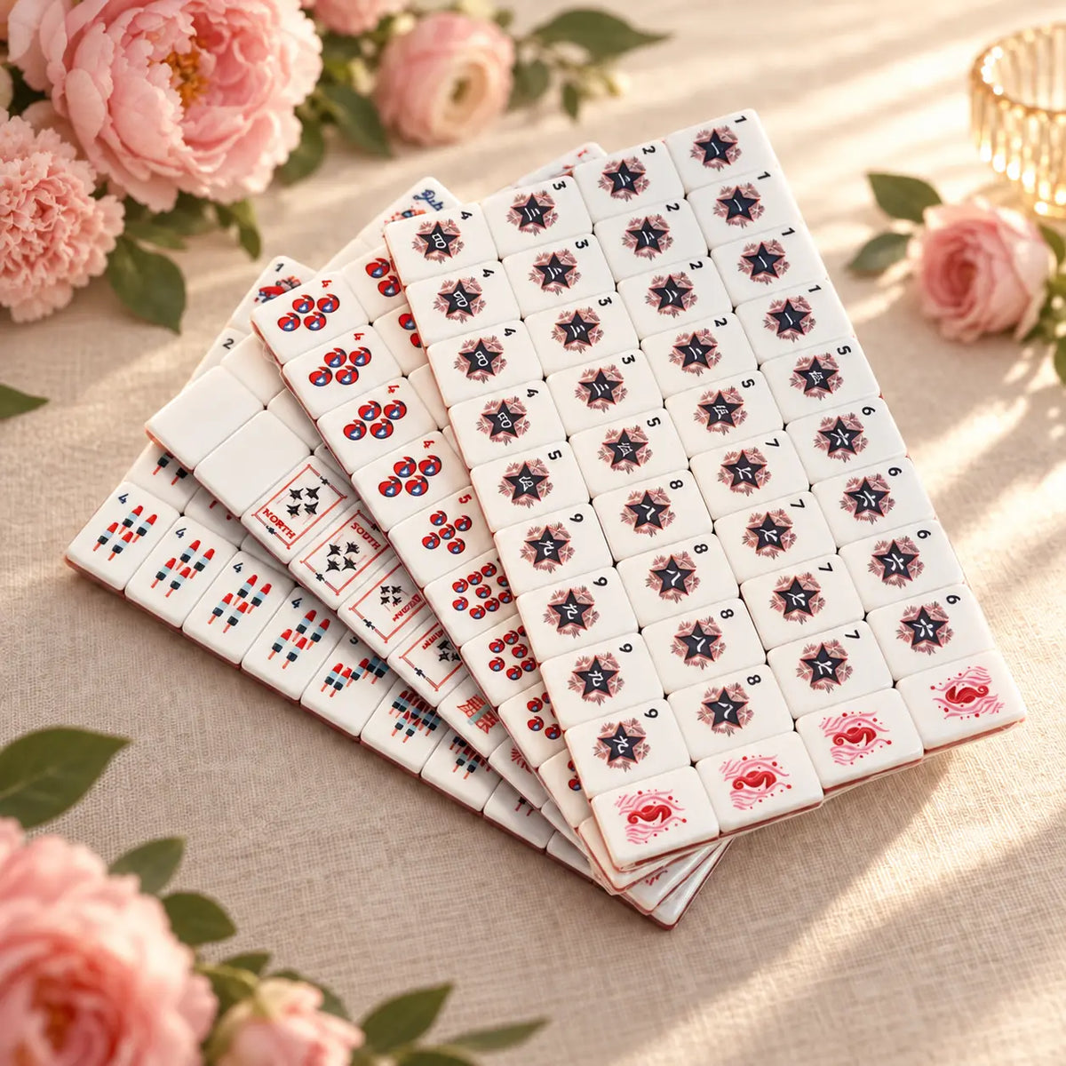 Stacked sheets of white American Mahjong tiles showing rows of navy stars, red-and-blue circles and red floral motifs.
