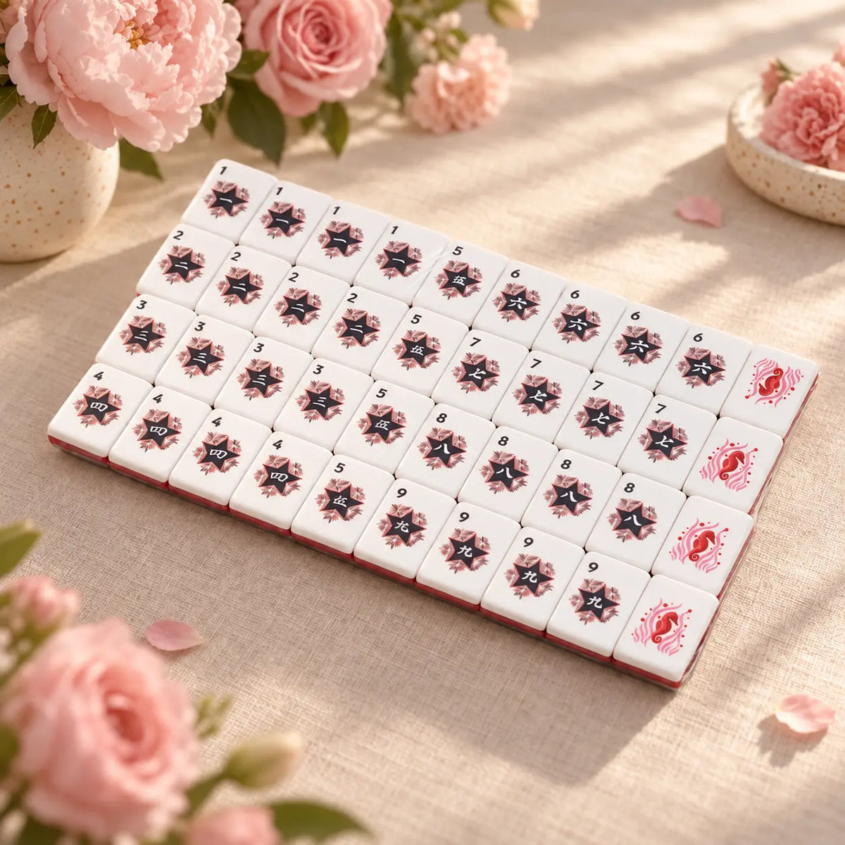 Rows of white Mahjong tiles with dark starburst number designs and red spiral tiles, styled beside pink roses.