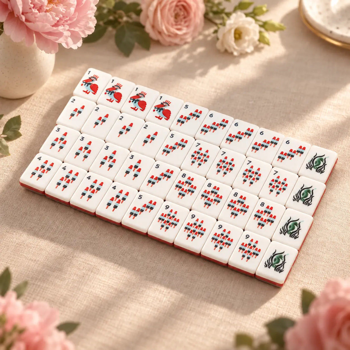 American Mahjong bamboo tiles in red and teal rows, with floral end tiles and pink roses around the display.