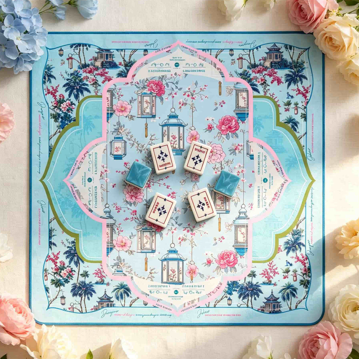 Light blue Mahjong mat illustrated with pink roses, lanterns, palm trees and pagodas, with wind tiles in the center.