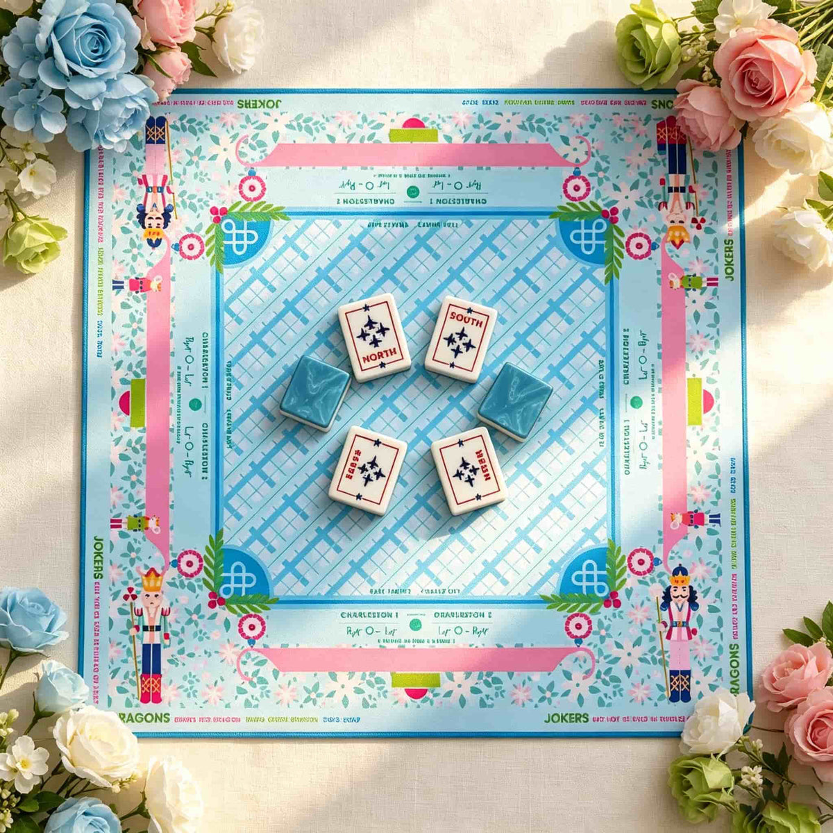 Blue crosshatch Mahjong mat with a pink floral border and illustrated figures, displaying four wind tiles in the center.