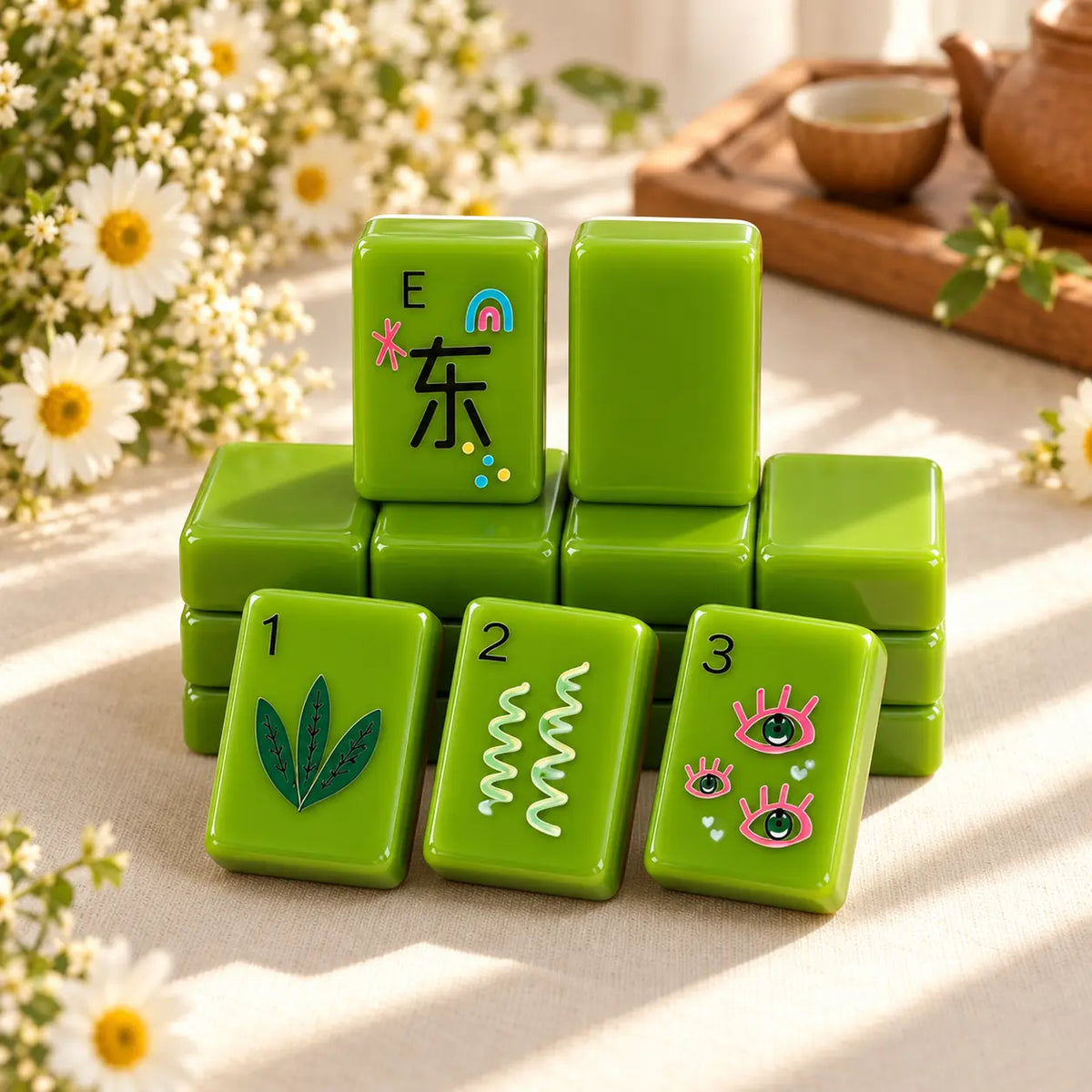 Mahjong Set, American with Bright Green Acrylic Tiles, Traditional Tabletop Game for Family Game Night, Christmas Gift for Mom