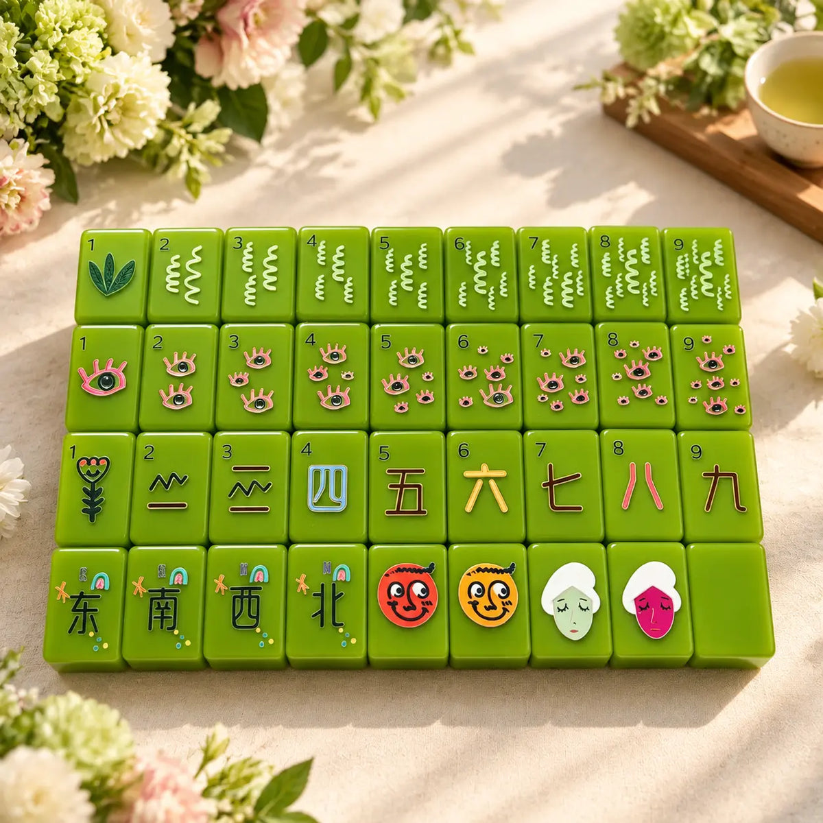 Mahjong Set, American with Bright Green Acrylic Tiles, Traditional Tabletop Game for Family Game Night, Christmas Gift for Mom