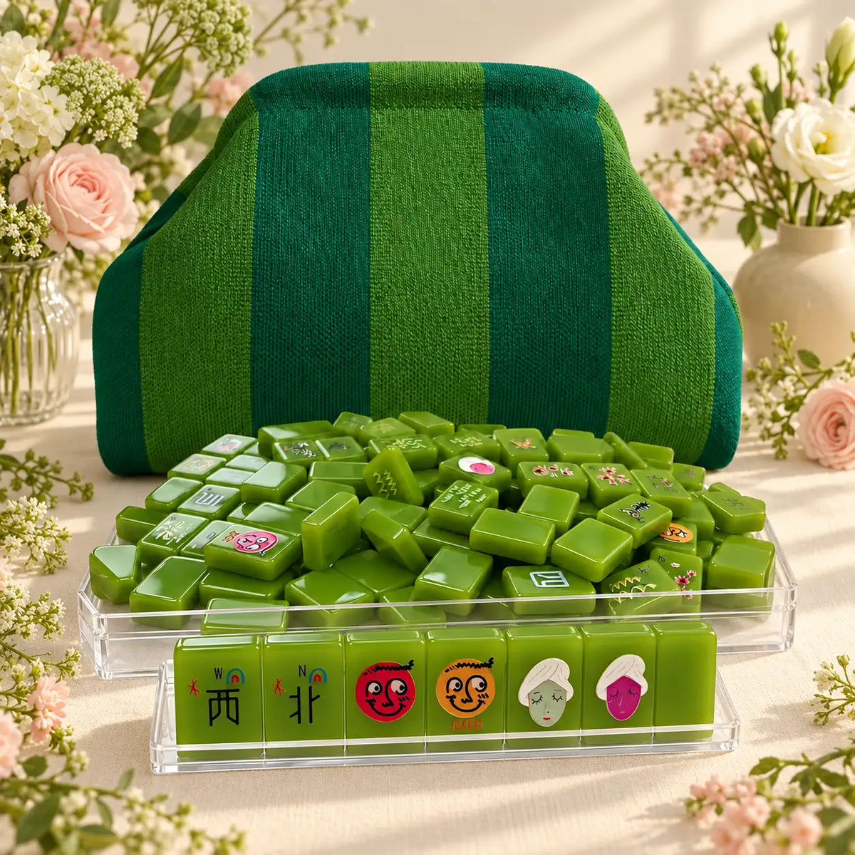 Mahjong Set, American with Bright Green Acrylic Tiles, Traditional Tabletop Game for Family Game Night, Christmas Gift for Mom
