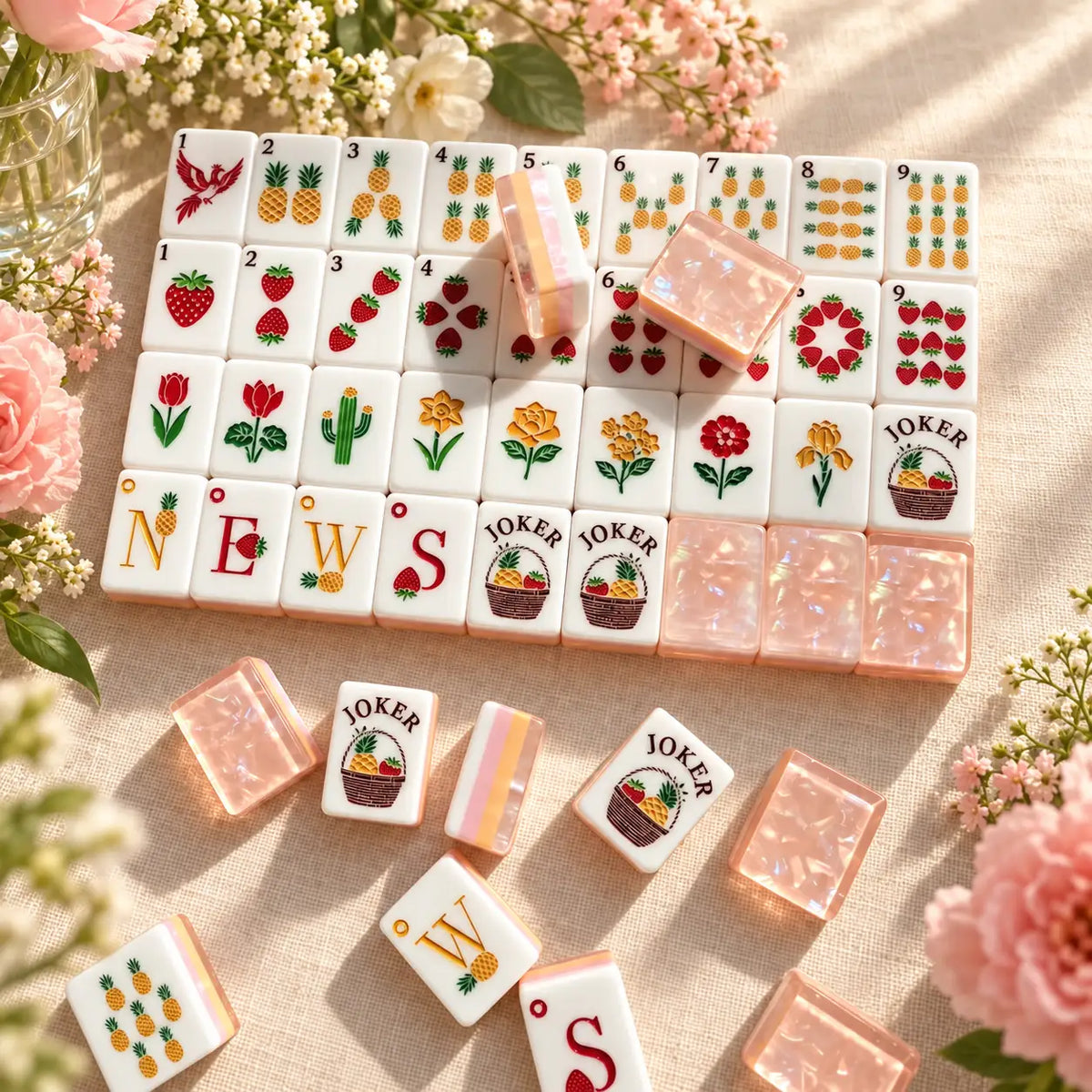 Mahjong Set, American with Pink and Orange Acrylic Tiles, Colorful Decorative Game for Family Night, Birthday or Christmas Gift for Mom