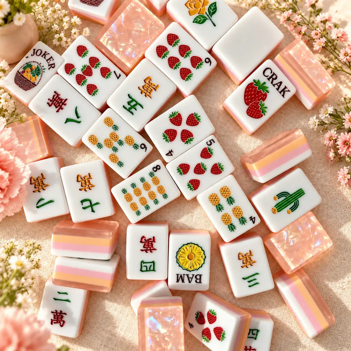 Mahjong Set, American with Pink and Orange Acrylic Tiles, Colorful Decorative Game for Family Night, Birthday or Christmas Gift for Mom