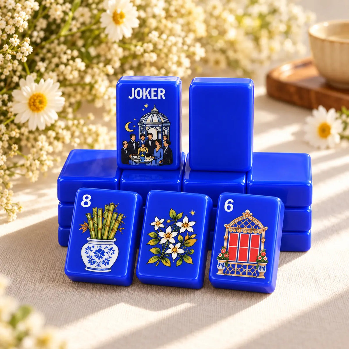 Mahjong Set, American with Royal Blue Acrylic Tiles, Decorative Home Game for Family Night, Birthday and Christmas Gift for Mom