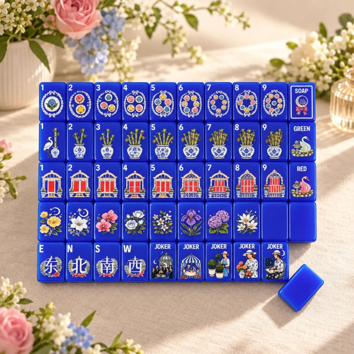 Mahjong Set, American with Royal Blue Acrylic Tiles, Decorative Home Game for Family Night, Birthday and Christmas Gift for Mom