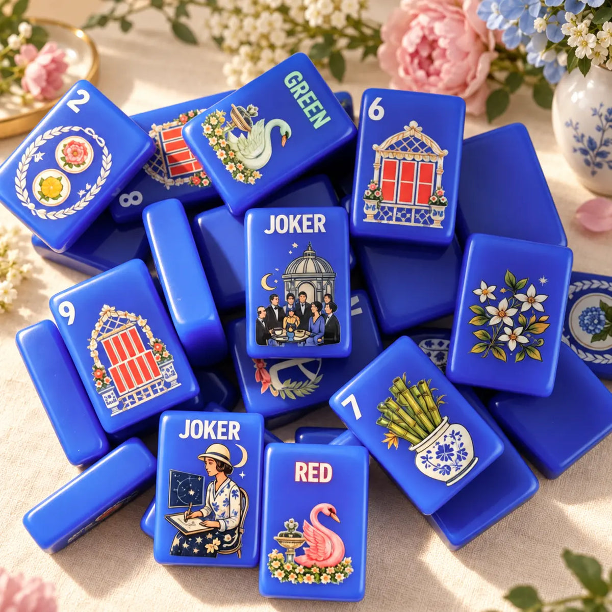 Mahjong Set, American with Royal Blue Acrylic Tiles, Decorative Home Game for Family Night, Birthday and Christmas Gift for Mom