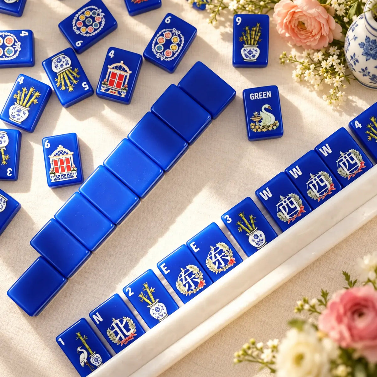 Mahjong Set, American with Royal Blue Acrylic Tiles, Decorative Home Game for Family Night, Birthday and Christmas Gift for Mom